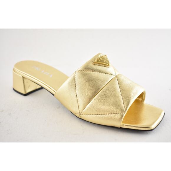 Prada Quilted Leather Diagram Gold Platino Logo Slide Sandal Block Heel 41.5 - Picture 6 of 15